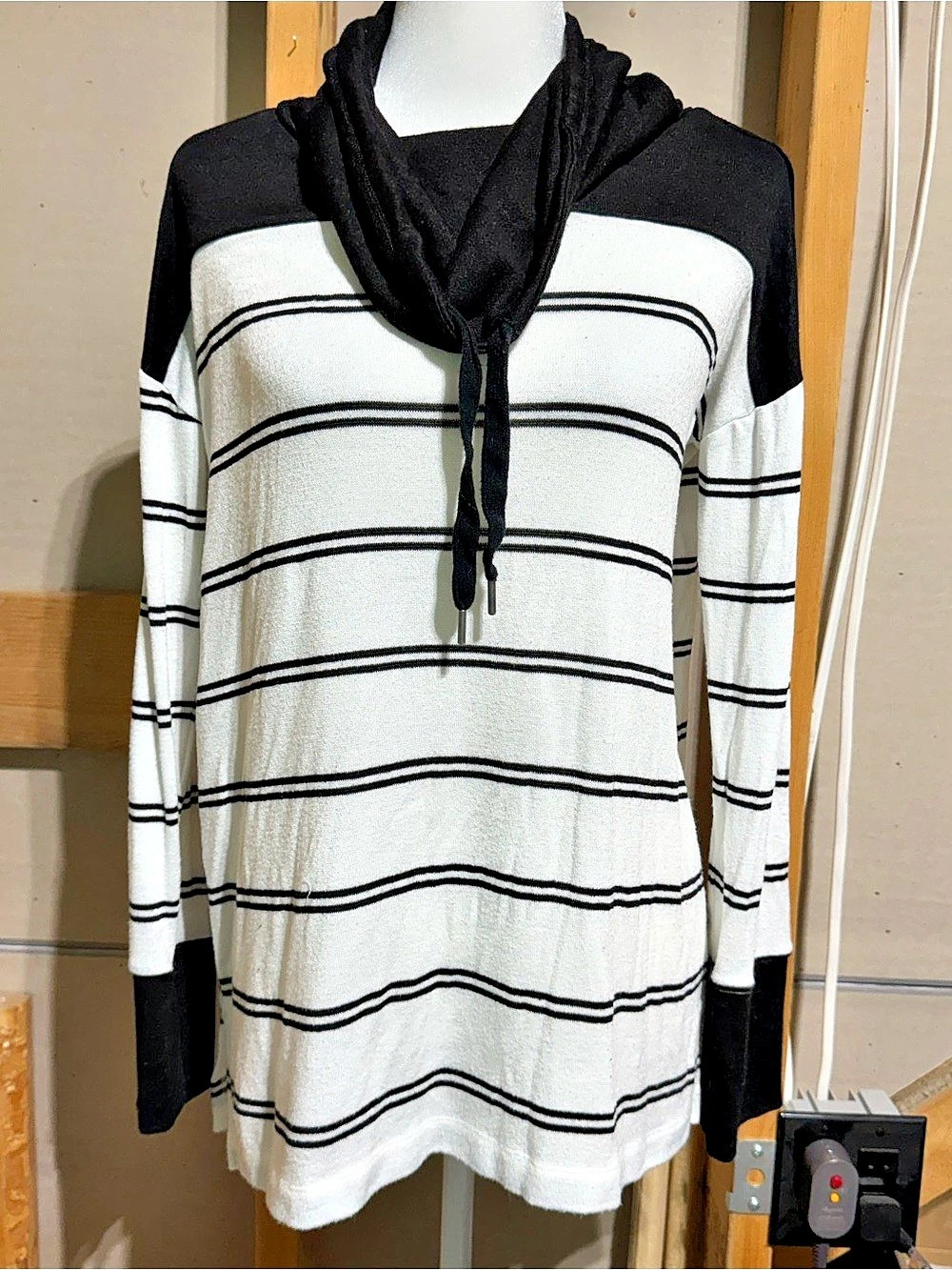 Striped Cowl Neck Sweater in White & Black Medium